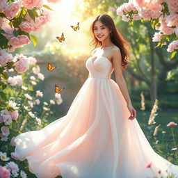 A beautiful serene garden scene, featuring a graceful young woman dressed in a flowing pastel-colored gown, surrounded by blooming flowers and soft greenery