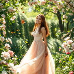A beautiful serene garden scene, featuring a graceful young woman dressed in a flowing pastel-colored gown, surrounded by blooming flowers and soft greenery