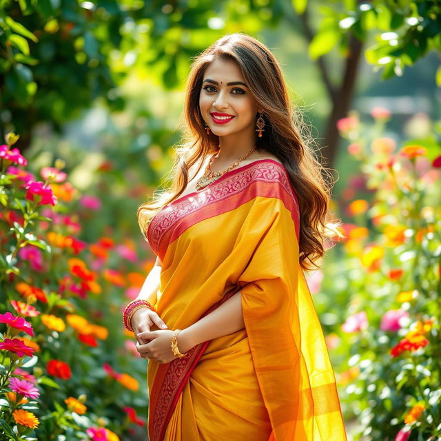 A beautiful woman wearing a traditional saree that elegantly drapes around her curves, accentuating her big breasts and voluptuous figure