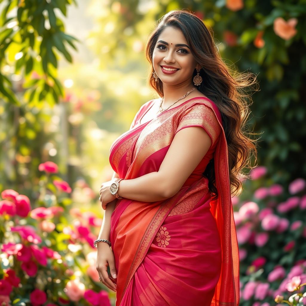 A beautiful woman wearing a traditional saree that elegantly drapes around her curves, accentuating her big breasts and voluptuous figure