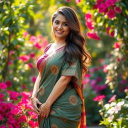 A beautiful woman wearing a traditional saree that elegantly drapes around her curves, accentuating her big breasts and voluptuous figure
