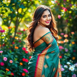 A beautiful woman wearing a traditional saree that elegantly drapes around her curves, accentuating her big breasts and voluptuous figure