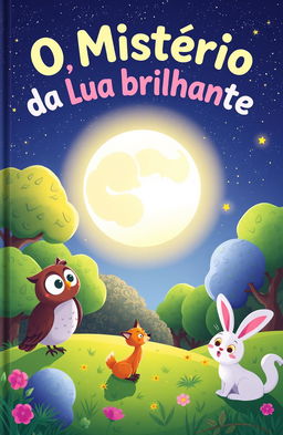 A colorful and enchanting children's book cover for "O Mistério da Lua Brilhante"