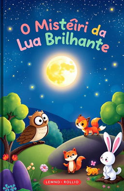A colorful and enchanting children's book cover for "O Mistério da Lua Brilhante"