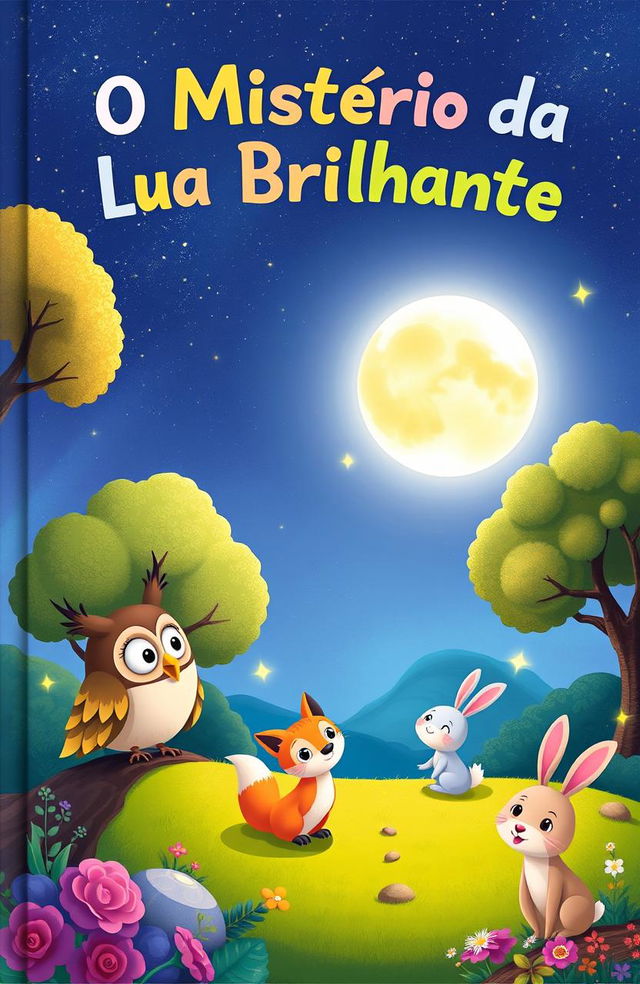 A colorful and enchanting children's book cover for "O Mistério da Lua Brilhante"