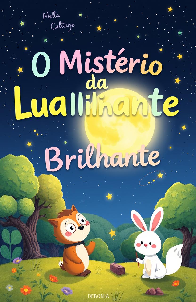 A colorful and enchanting children's book cover for "O Mistério da Lua Brilhante"