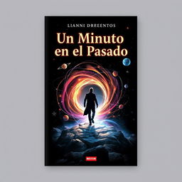 A stunning book cover design featuring a dark black background dotted with shimmering stars and planets