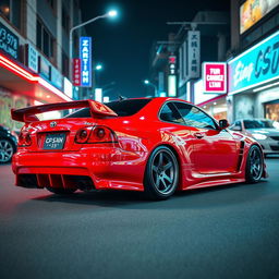 A striking and vibrant red JDM (Japanese Domestic Market) car, showcasing its sleek lines and aerodynamic design