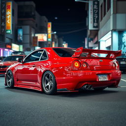 A striking and vibrant red JDM (Japanese Domestic Market) car, showcasing its sleek lines and aerodynamic design