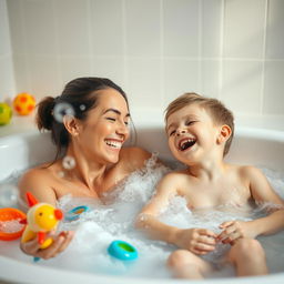 a serene and playful scene of a woman and a young boy enjoying a warm bath together, surrounded by colorful bath toys and bubbles floating in the air, soft lighting enhances the cheerful atmosphere, capturing a moment of joy and laughter, the woman is smiling and engaging with the boy who is also laughing, both are immersed in the water with playful expressions