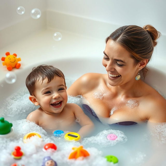 a serene and playful scene of a woman and a young boy enjoying a warm bath together, surrounded by colorful bath toys and bubbles floating in the air, soft lighting enhances the cheerful atmosphere, capturing a moment of joy and laughter, the woman is smiling and engaging with the boy who is also laughing, both are immersed in the water with playful expressions