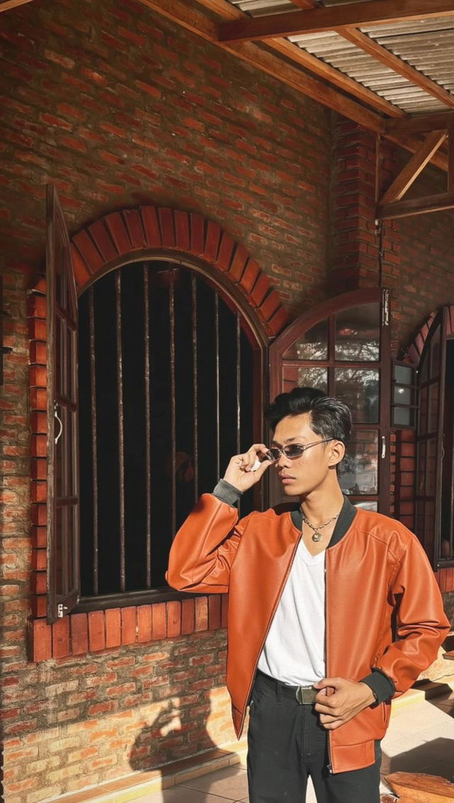 A stylish individual, standing confidently outside a rustic brick building with large open windows