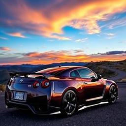 A sleek, powerful Nissan GTR parked on a scenic overlook with a dramatic sunset in the background
