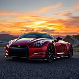 A sleek, powerful Nissan GTR parked on a scenic overlook with a dramatic sunset in the background