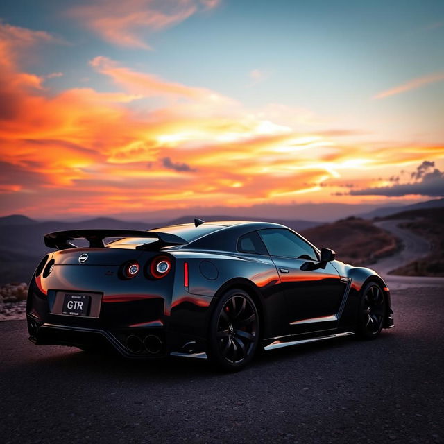 A sleek, powerful Nissan GTR parked on a scenic overlook with a dramatic sunset in the background