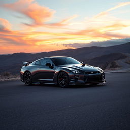 A sleek, powerful Nissan GTR parked on a scenic overlook with a dramatic sunset in the background