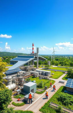 A modern biorefinery facility representing Godavari Biorefineries Ltd, featuring sleek, eco-friendly architecture with lush greenery surrounding the site