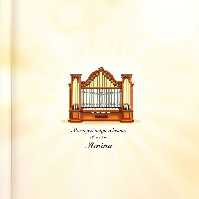 A beautifully designed back page for a book featuring a central illustration of musical organs, portrayed with elegant detail and a softly glowing divine aura