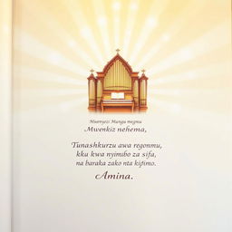 A beautifully designed back page for a book featuring a central illustration of musical organs, portrayed with elegant detail and a softly glowing divine aura