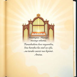 A beautifully designed back page for a book featuring a central illustration of musical organs, portrayed with elegant detail and a softly glowing divine aura