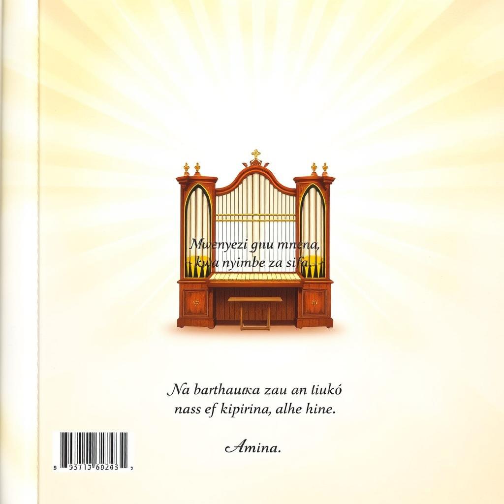 A beautifully designed back page for a book featuring a central illustration of musical organs, portrayed with elegant detail and a softly glowing divine aura