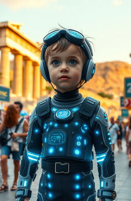 A futuristic child, wearing advanced high-tech clothing with glowing patterns and accessories, travels back in time to Athens, Greece, in the year 2024