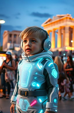 A futuristic child, wearing advanced high-tech clothing with glowing patterns and accessories, travels back in time to Athens, Greece, in the year 2024
