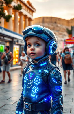A futuristic child, wearing advanced high-tech clothing with glowing patterns and accessories, travels back in time to Athens, Greece, in the year 2024