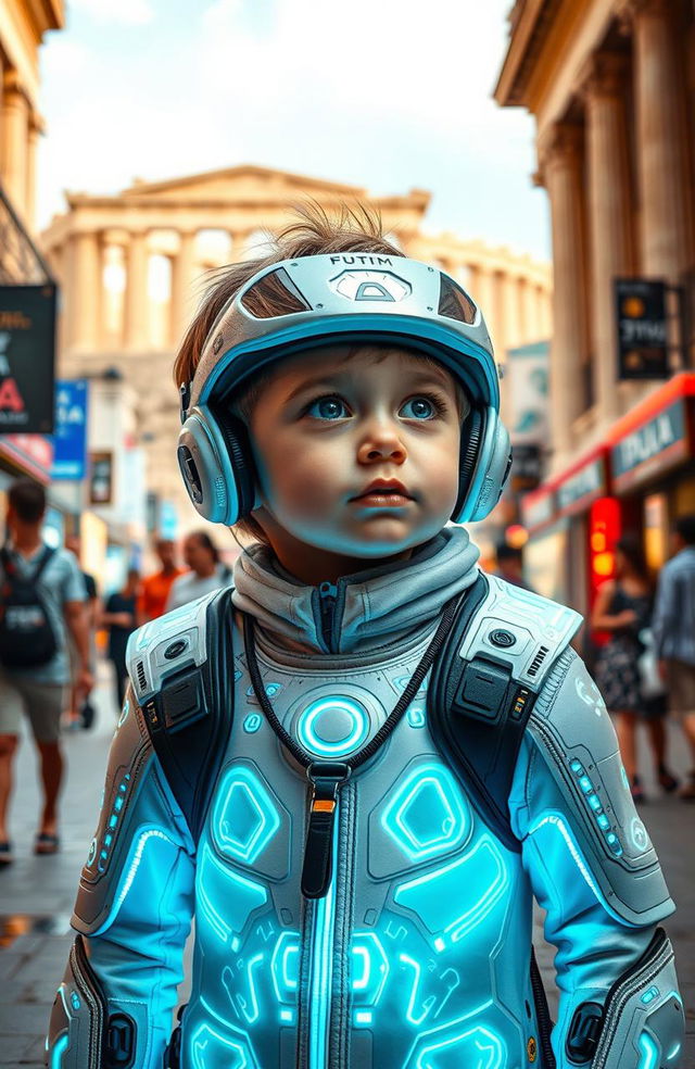 A futuristic child, wearing advanced high-tech clothing with glowing patterns and accessories, travels back in time to Athens, Greece, in the year 2024