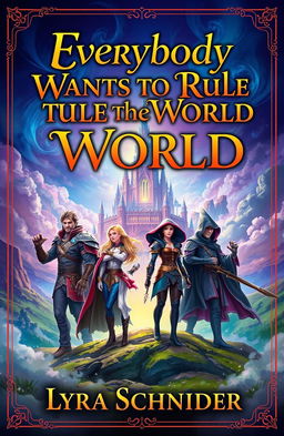 A captivating fantasy book cover design for 'Everybody Wants to Rule the World' by Lyra Schneider