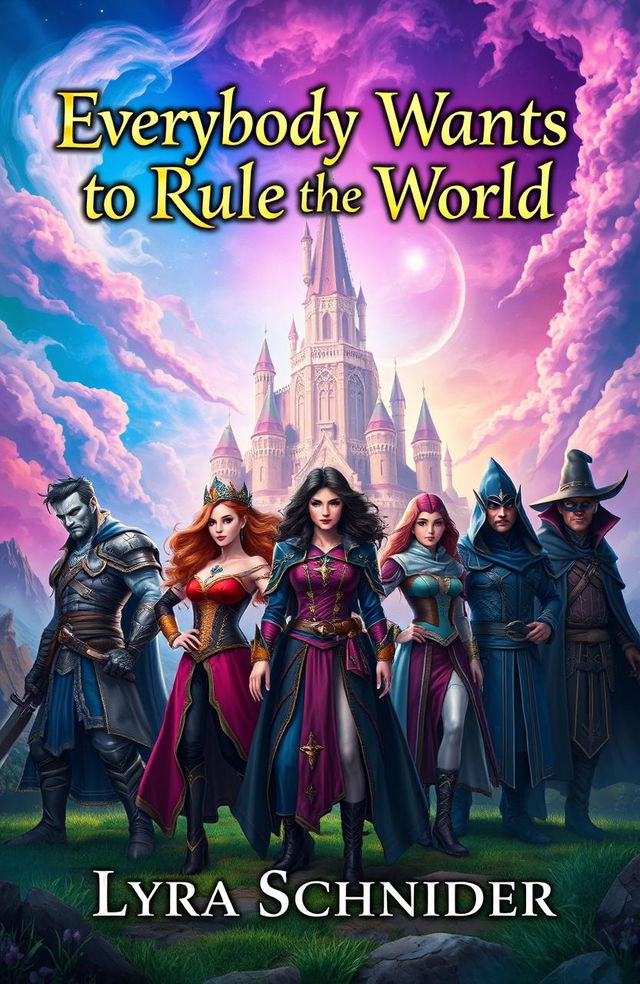 A captivating fantasy book cover design for 'Everybody Wants to Rule the World' by Lyra Schneider