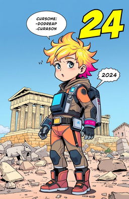 A comic book panel showcasing a futuristic setting with a child dressed in advanced clothing and technology from the year 3024