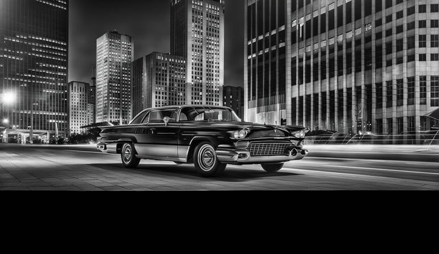 A high-resolution digital art image of a modernized 1959 Chrysler 300 in a monochrome palette, set against a vibrant cityscape