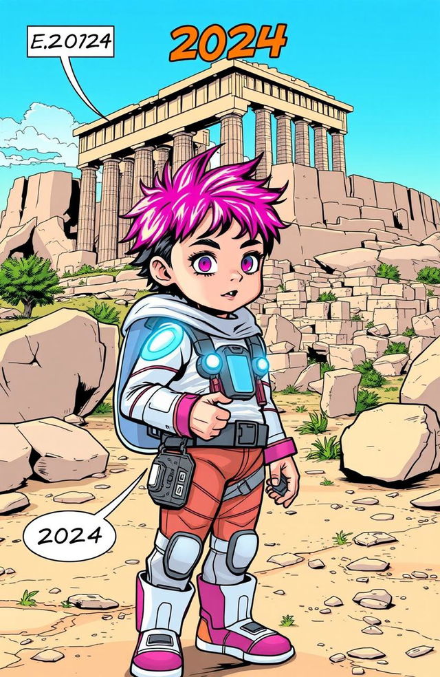 A comic book panel showcasing a futuristic setting with a child dressed in advanced clothing and technology from the year 3024