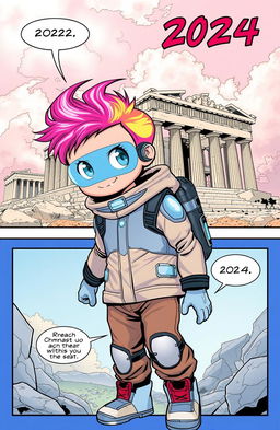 A comic book panel showcasing a futuristic setting with a child dressed in advanced clothing and technology from the year 3024