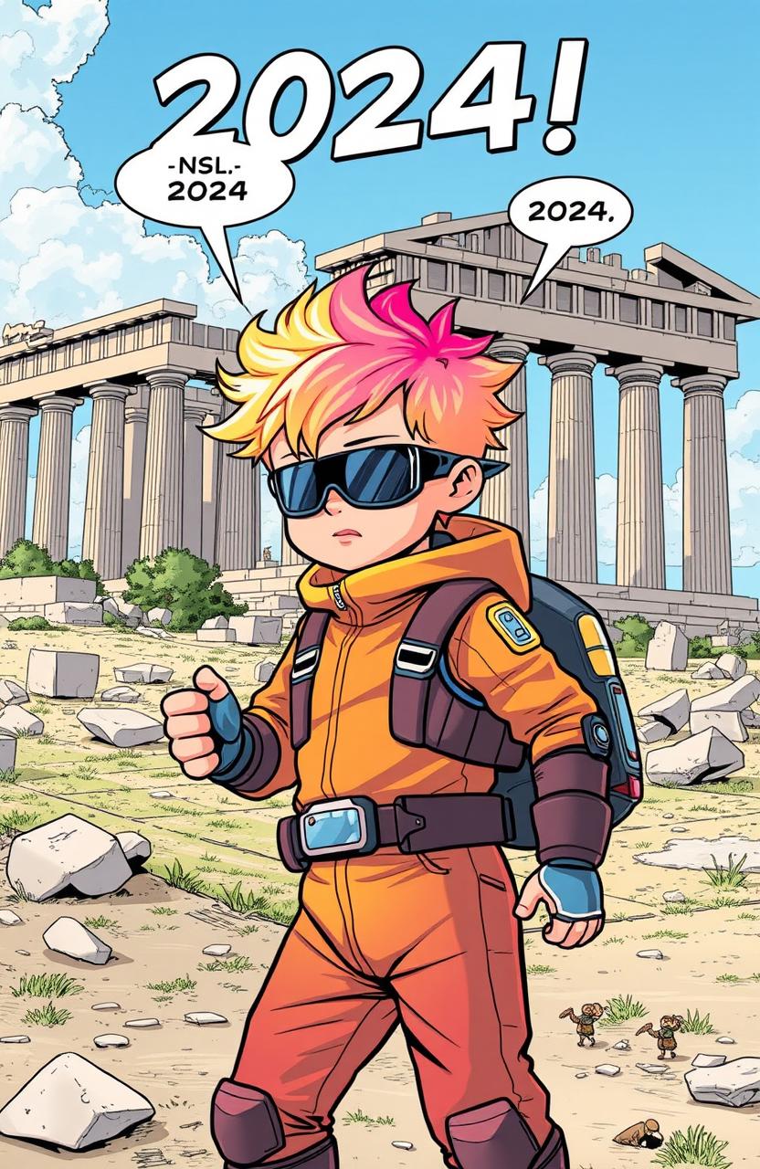 A comic book panel showcasing a futuristic setting with a child dressed in advanced clothing and technology from the year 3024