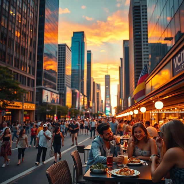 A vibrant and dynamic short video showcasing a bustling cityscape at sunset, with tall skyscrapers reflecting the colorful hues of the sky