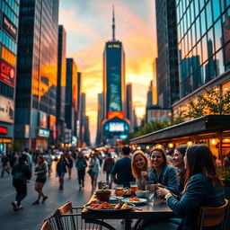 A vibrant and dynamic short video showcasing a bustling cityscape at sunset, with tall skyscrapers reflecting the colorful hues of the sky