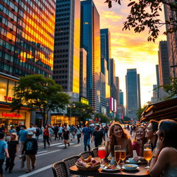 A vibrant and dynamic short video showcasing a bustling cityscape at sunset, with tall skyscrapers reflecting the colorful hues of the sky