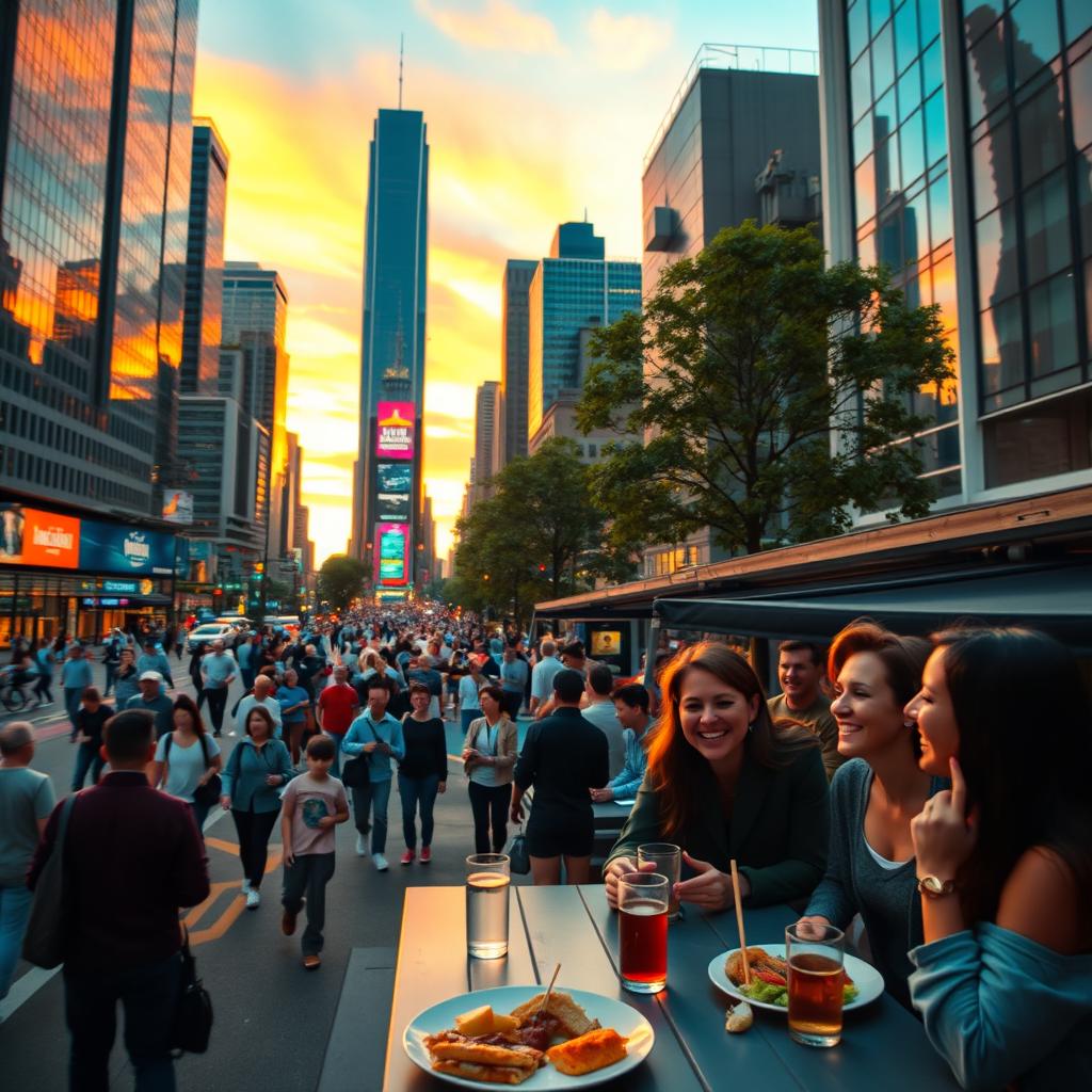 A vibrant and dynamic short video showcasing a bustling cityscape at sunset, with tall skyscrapers reflecting the colorful hues of the sky