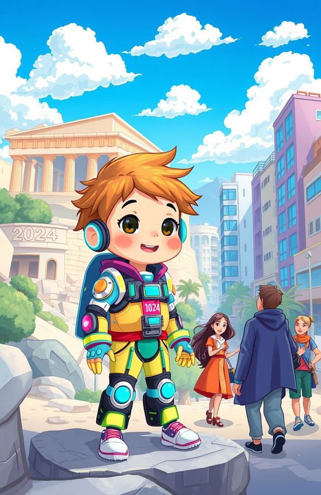 An imaginative illustration for a children's book depicting a futuristic child from the year 3024, wearing vibrant, advanced clothing with glowing elements and high-tech gadgets, traveling back in time to the beautiful city of Athens, Greece in the year 2024