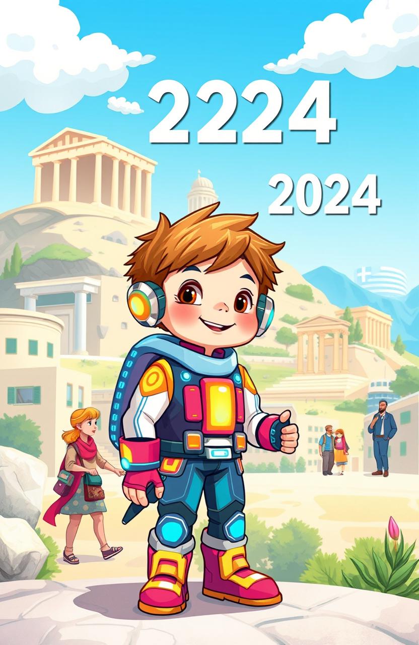 An imaginative illustration for a children's book depicting a futuristic child from the year 3024, wearing vibrant, advanced clothing with glowing elements and high-tech gadgets, traveling back in time to the beautiful city of Athens, Greece in the year 2024