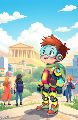 An imaginative illustration for a children's book depicting a futuristic child from the year 3024, wearing vibrant, advanced clothing with glowing elements and high-tech gadgets, traveling back in time to the beautiful city of Athens, Greece in the year 2024