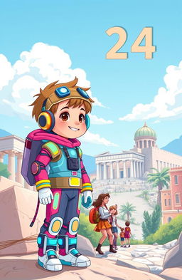 An imaginative illustration for a children's book depicting a futuristic child from the year 3024, wearing vibrant, advanced clothing with glowing elements and high-tech gadgets, traveling back in time to the beautiful city of Athens, Greece in the year 2024