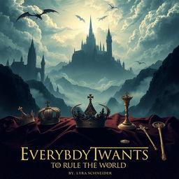 A beautifully crafted movie poster for a film titled 'Everybody Wants to Rule the World' by Lyra Schneider, inspired by the epic fantasy style of Game of Thrones