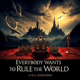 A beautifully crafted movie poster for a film titled 'Everybody Wants to Rule the World' by Lyra Schneider, inspired by the epic fantasy style of Game of Thrones