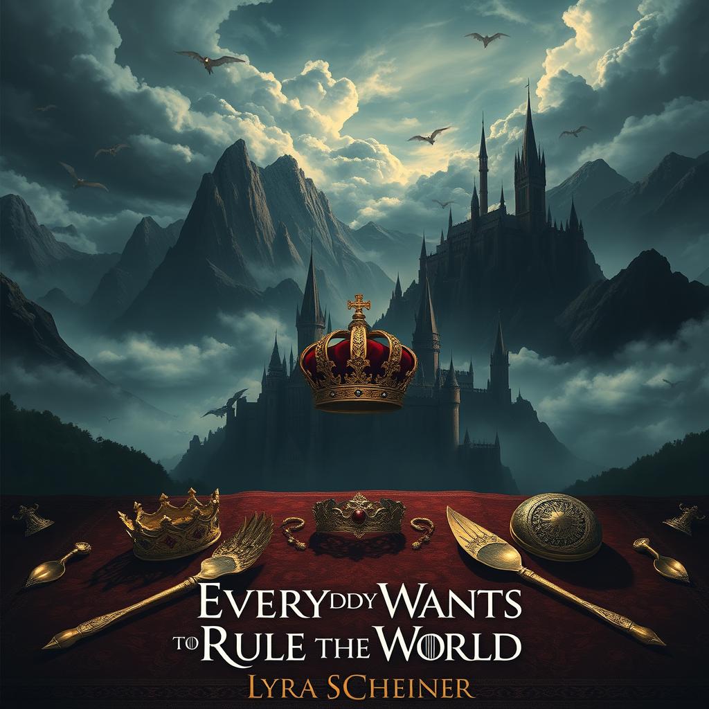 A beautifully crafted movie poster for a film titled 'Everybody Wants to Rule the World' by Lyra Schneider, inspired by the epic fantasy style of Game of Thrones