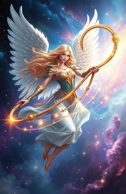 A stunning celestial scene featuring a beautiful angel wielding a magical whip, surrounded by ethereal light and shimmering stars