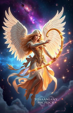 A stunning celestial scene featuring a beautiful angel wielding a magical whip, surrounded by ethereal light and shimmering stars