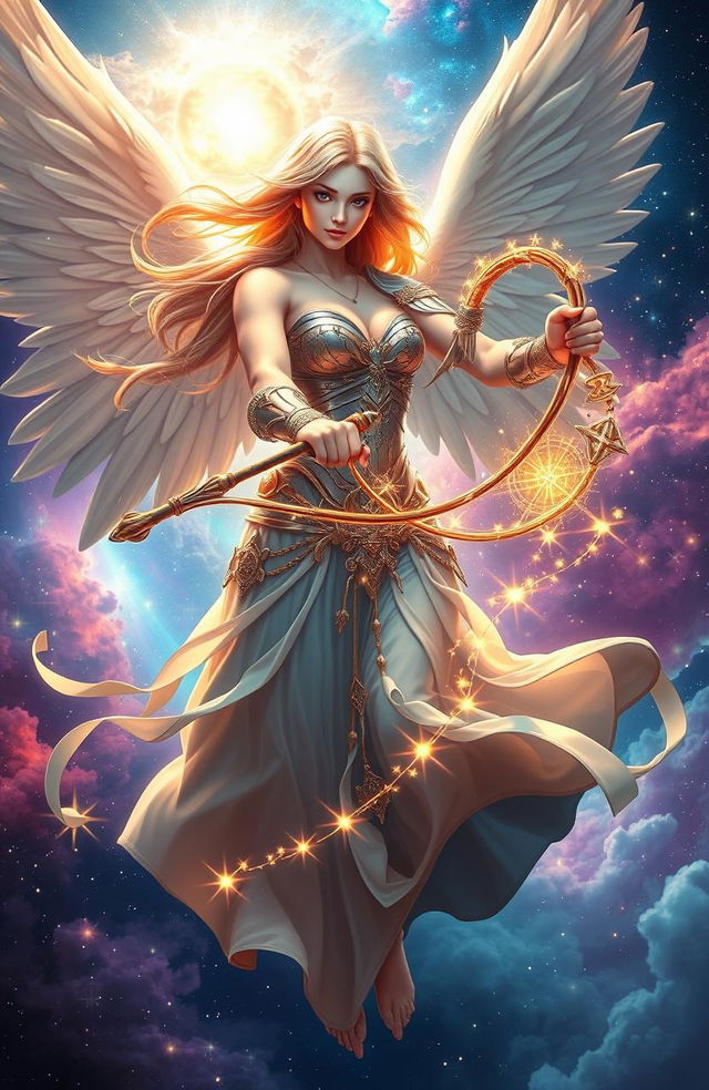 A stunning celestial scene featuring a beautiful angel wielding a magical whip, surrounded by ethereal light and shimmering stars